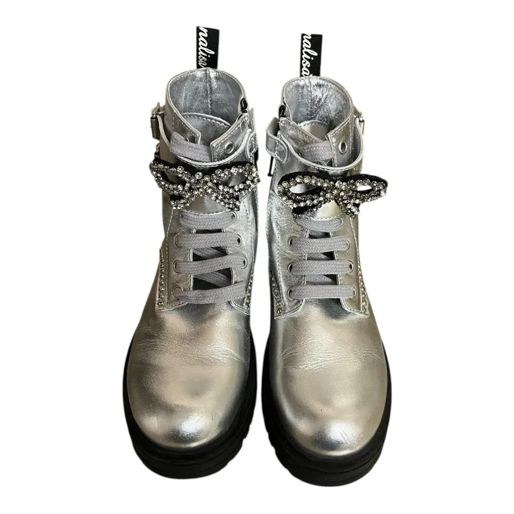 MonnaLisa Silver Combat Boots with Rhinestone Bow